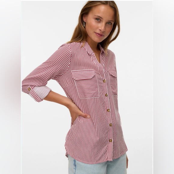 LOFT Women’s Stripped Dress Shirt Maroon and White Size L - Picture 1 of 10